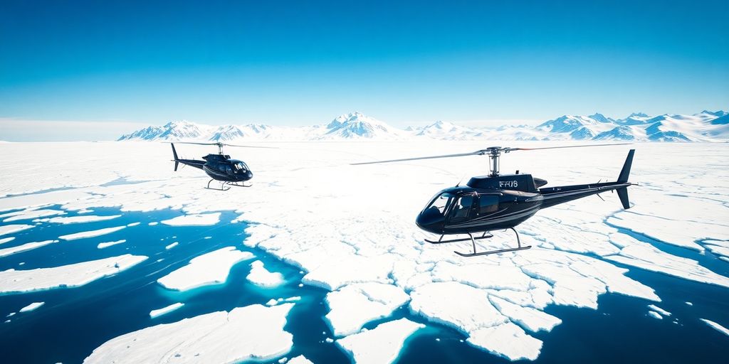 A helicopter flying over a massive Alaskan glacier and mountains.