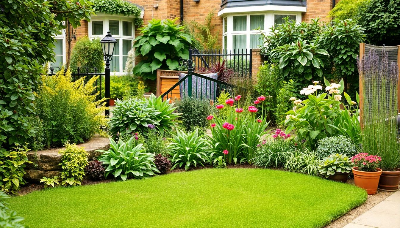 Lush garden with diverse plants and eco-friendly features.