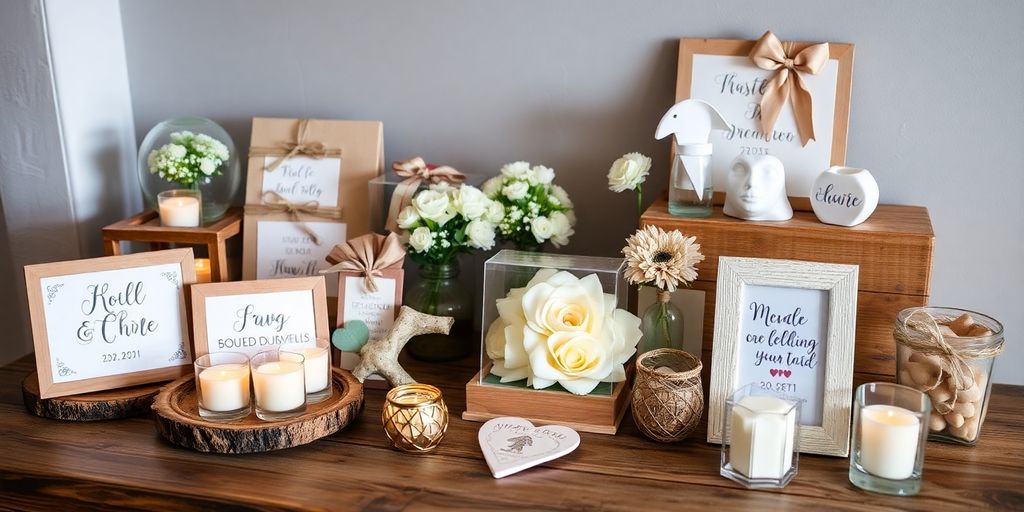 Unique wedding gifts displayed on a rustic wooden table.