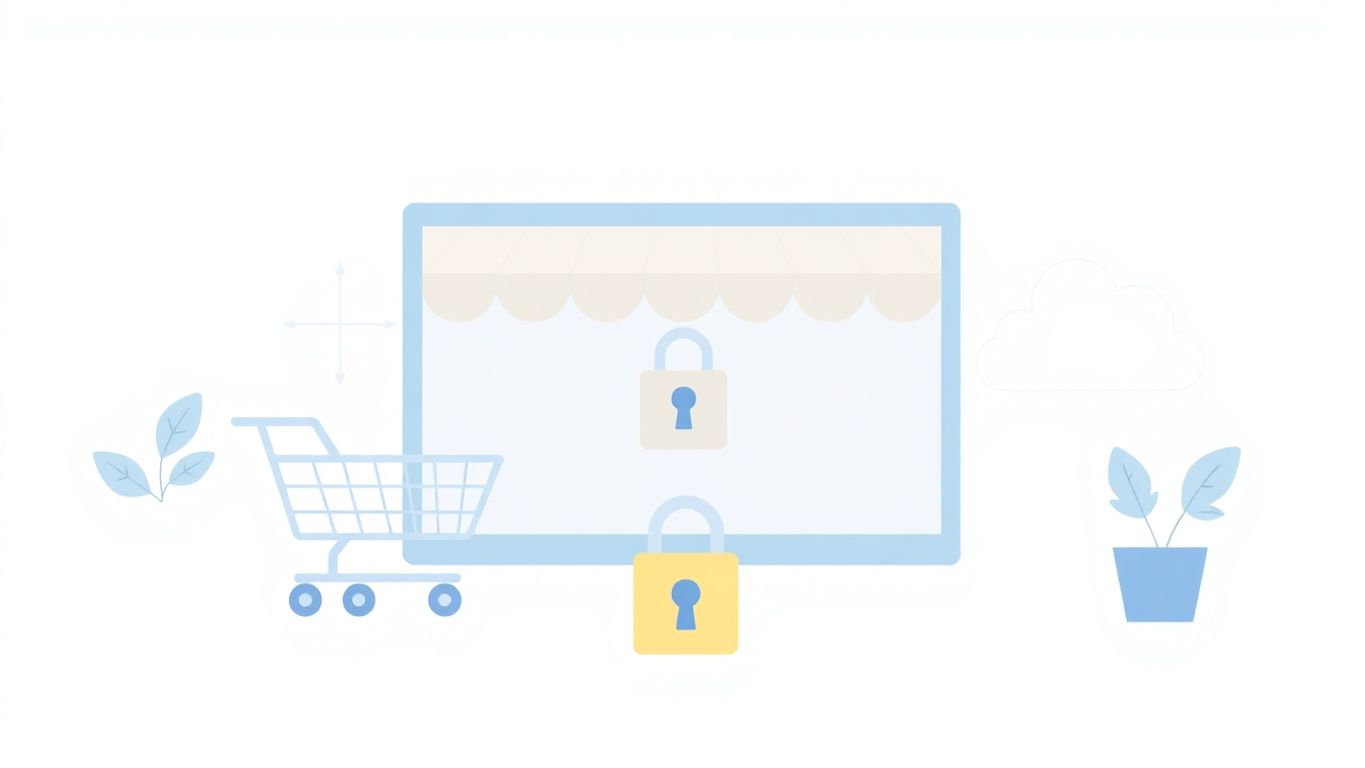 Illustrasjon av sikker nettbutikkoppsett med moderne design.