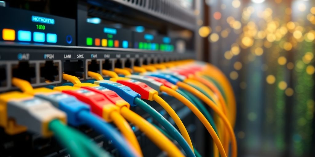 Networking cables, server racks, glowing connections.