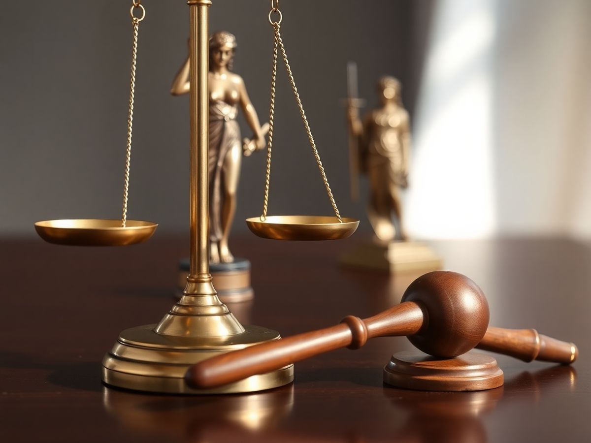 Balanță justiție pe masă, ciocan, statuetă Themis.