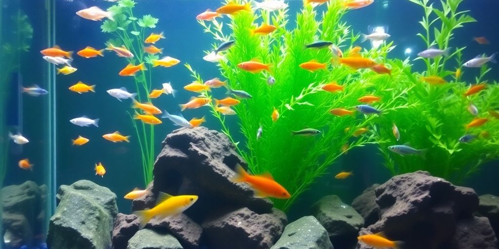 色彩斑斓的淡水鱼在郁郁葱葱的水族箱中游动。