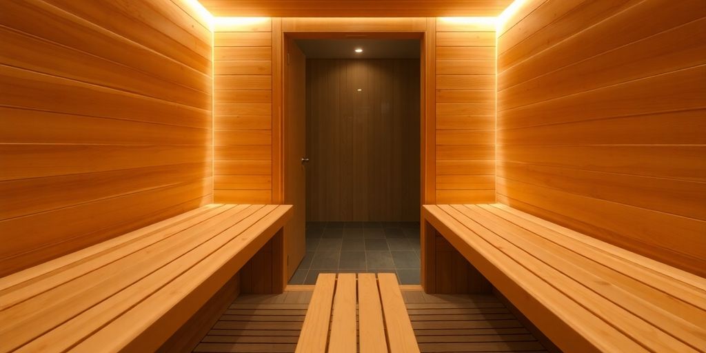 Inside a modern infrared sauna, warm glow