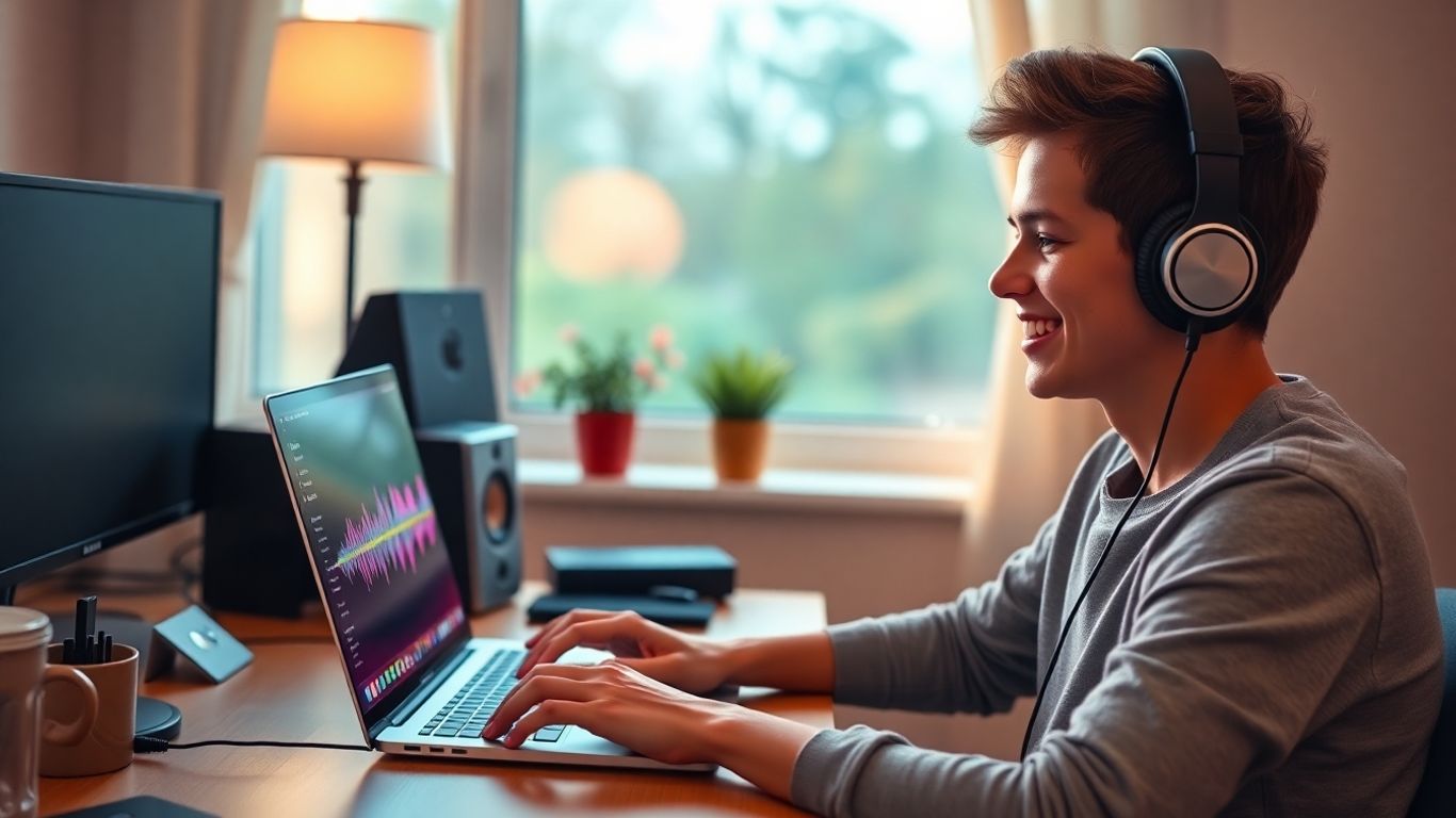 Person with headphones enjoying music on laptop indoors.
