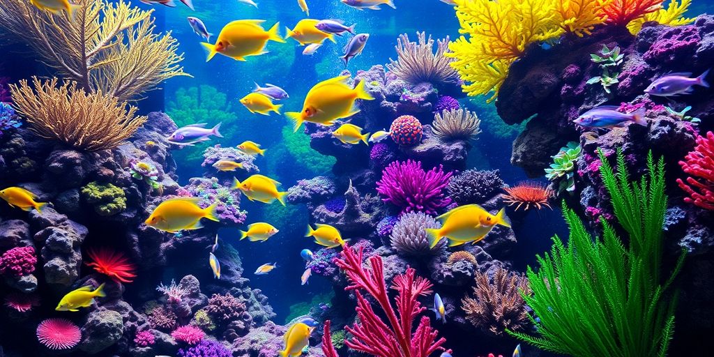 Vibrant aquarium with exotic fish and colorful corals.