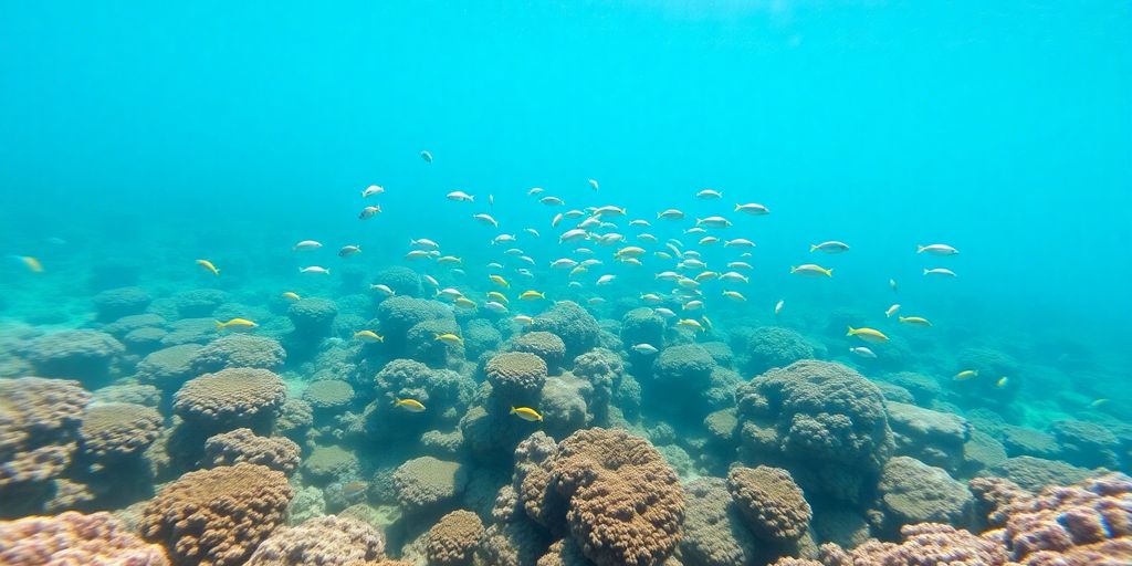 Vibrant coral reef teeming with colorful tropical fish underwater.