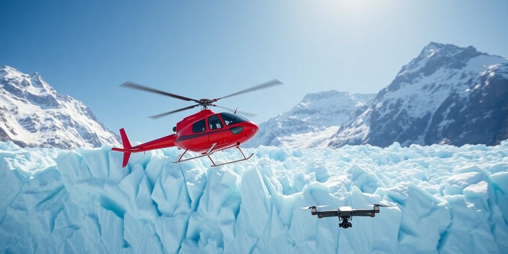 A helicopter and a drone flying over snowy Alaskan mountains.