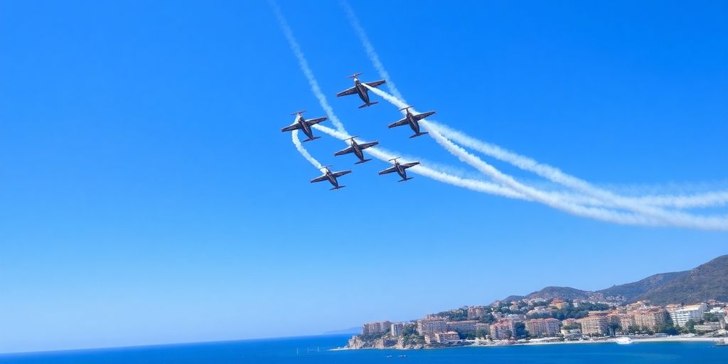 Avions de voltige en formation au-dessus de Menton et la mer.