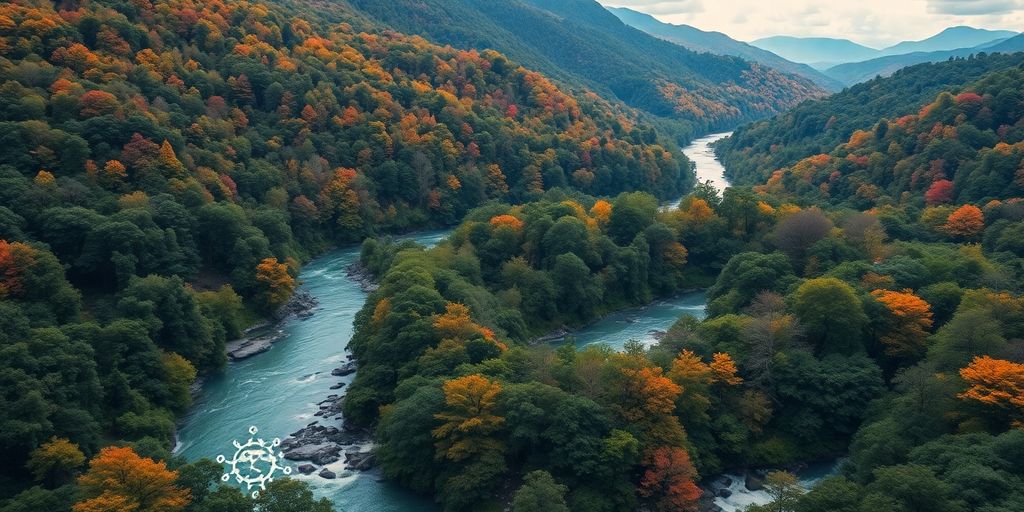Indigenous landscape with blockchain elements blending in nature.