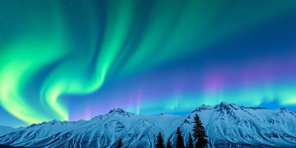 Vibrant green aurora borealis over snowy Alaskan mountains at night.