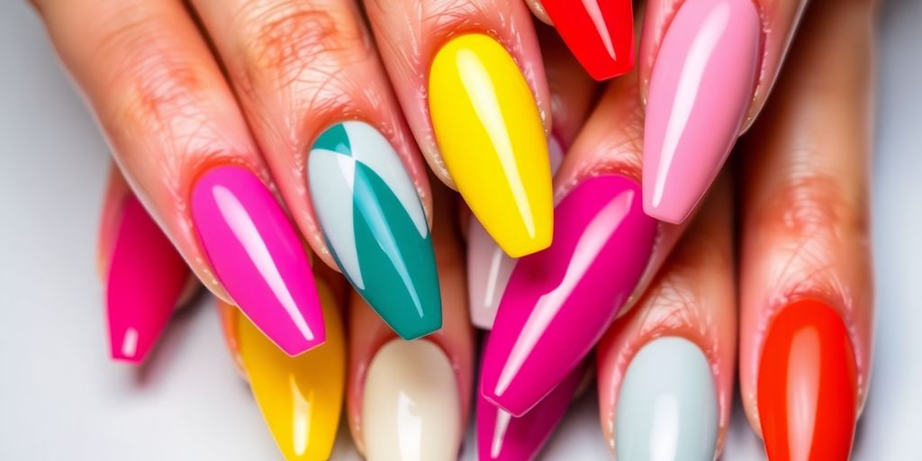Unhas stiletto coloridas em uma bela disposição.