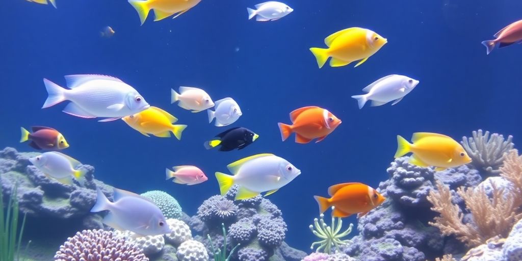 色彩斑斓的盐水鱼在珊瑚礁水族箱中。