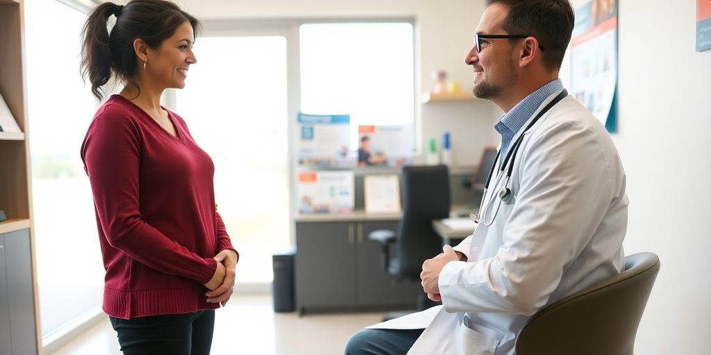 Patient und Arzt im hellen Behandlungsraum besprechen Therapieansätze bei Colitis ulcerosa