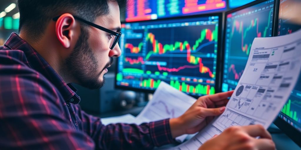 Trader studying stock charts and financial documents.