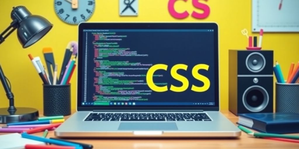 A laptop with code and colorful design elements.