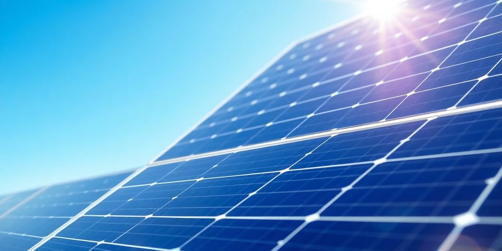 Close-up of solar panels under bright sunlight.