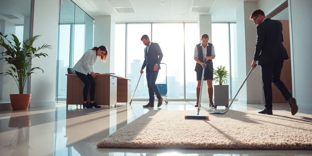 Clean office, shiny floor, janitorial staff working.