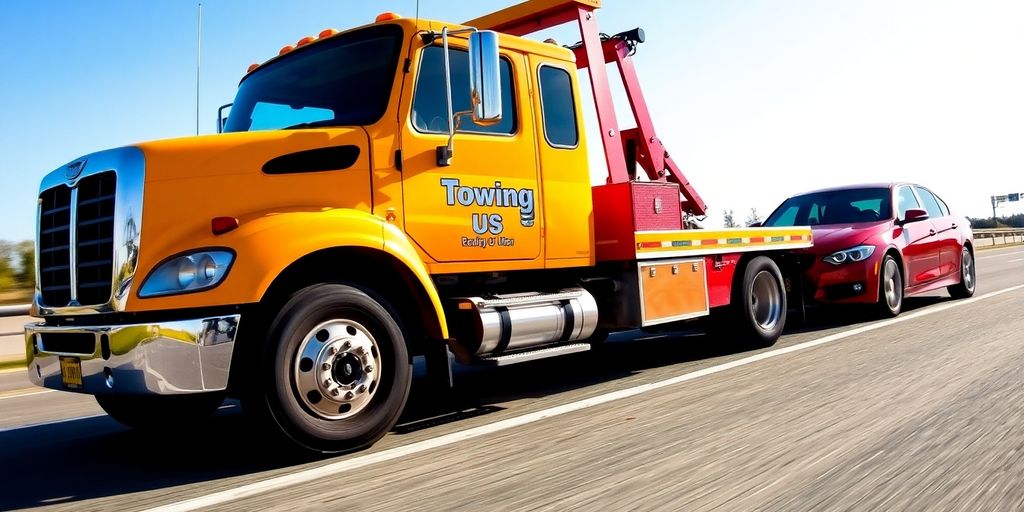 Tow truck assisting a broken vehicle on the roadside.