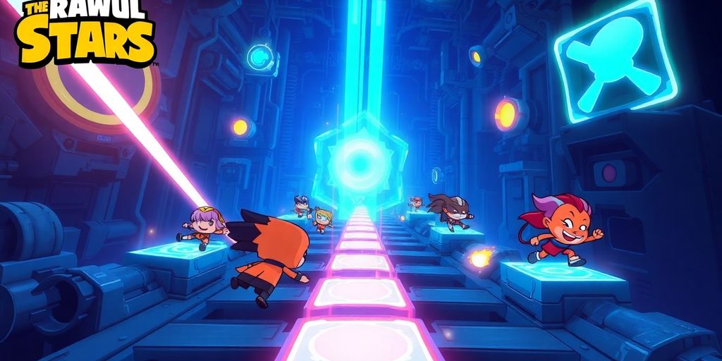 Brawl Stars characters facing futuristic obstacles, game art.