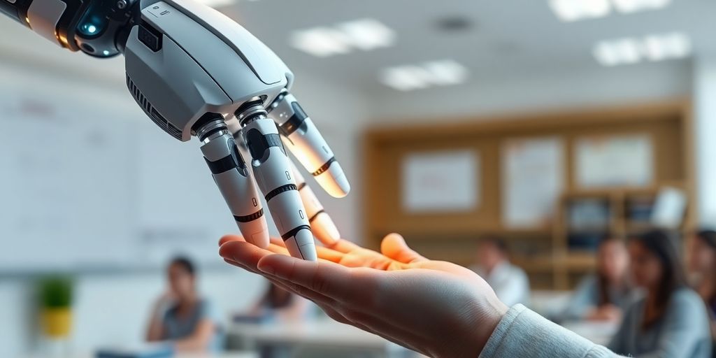 Robotic hand and human hand touching