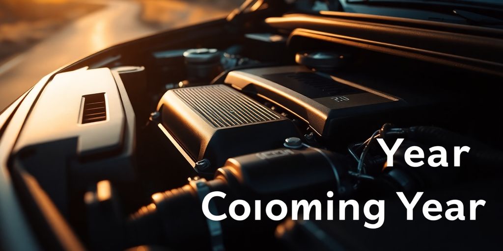 Car engine detail, golden light, winding road background.