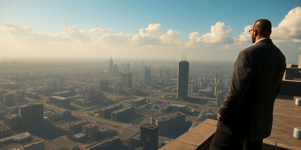 Mafia boss overlooking city skyline with growth elements.