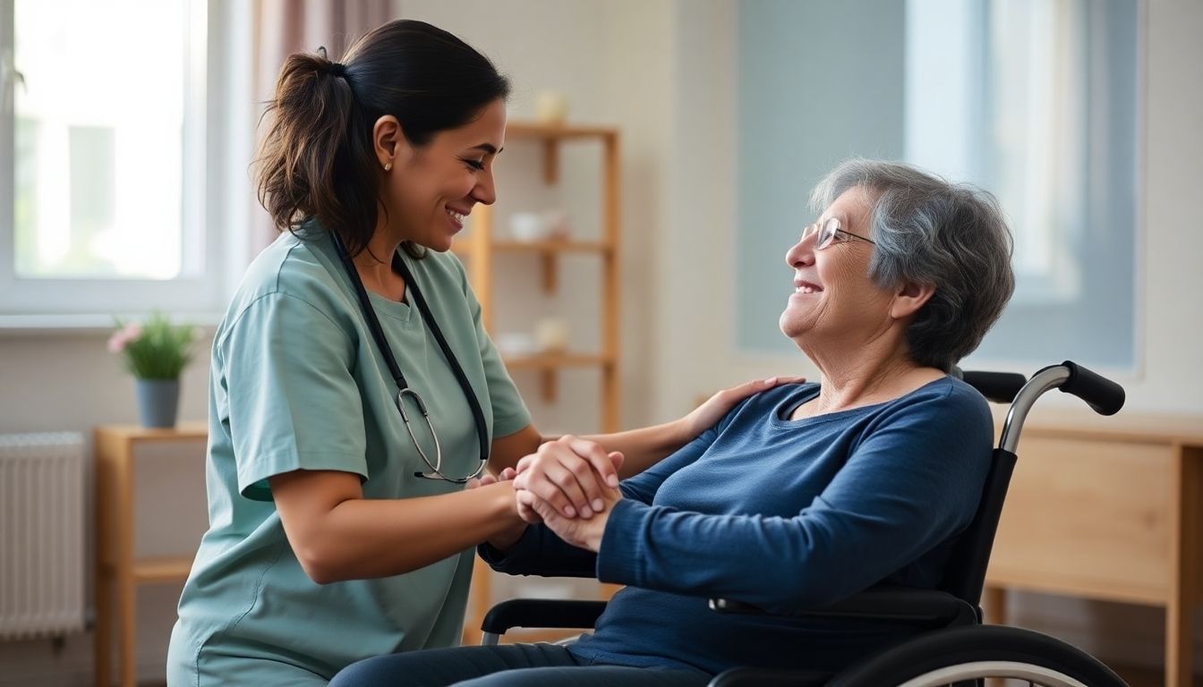 Caregiver assisting a person with spinal cord injury in therapy.