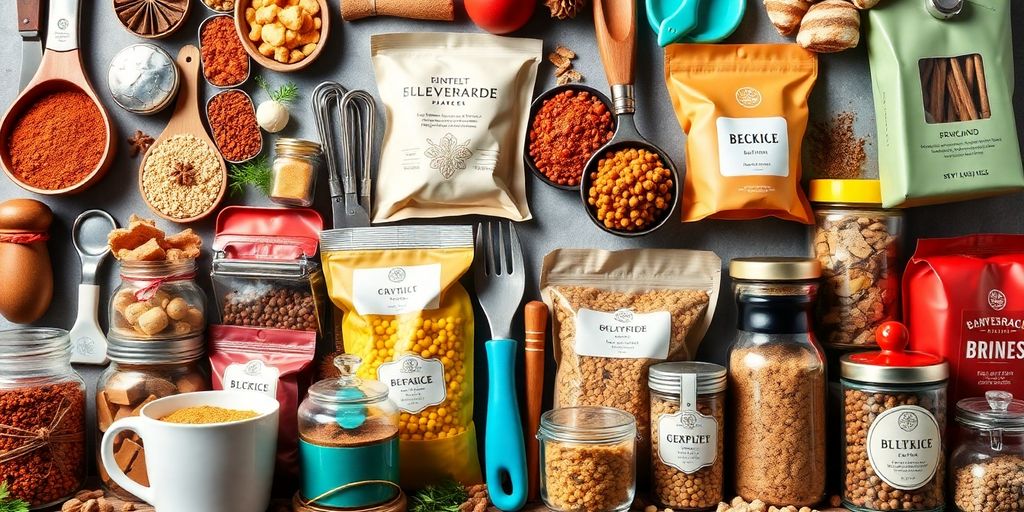 Unique kitchen gadgets and gourmet foods arranged attractively.