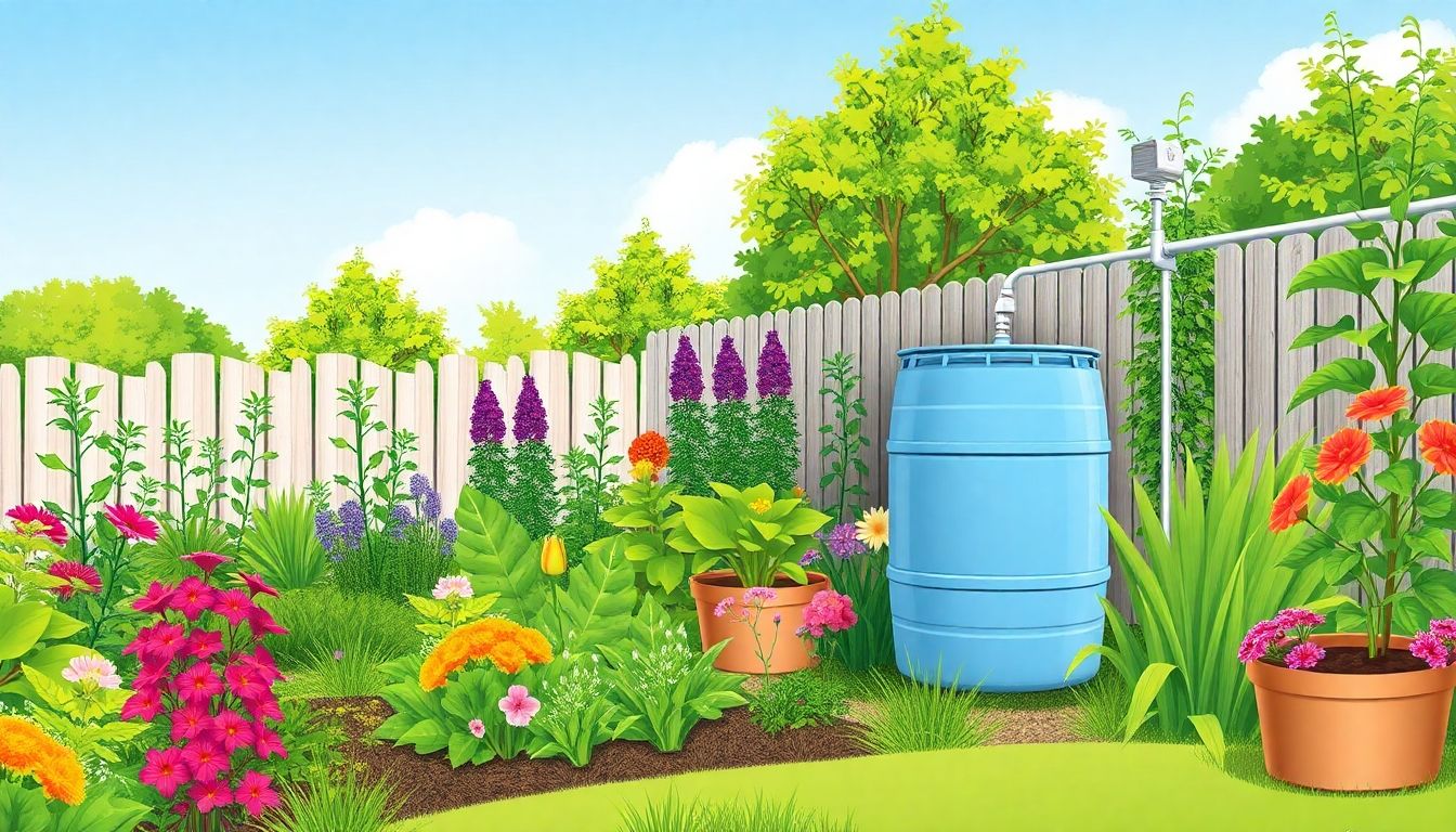 Sustainable garden with plants and water conservation features.