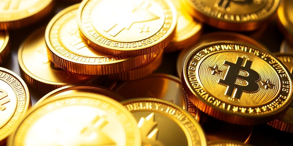 Pièces d'or brillantes sur un fond flou.