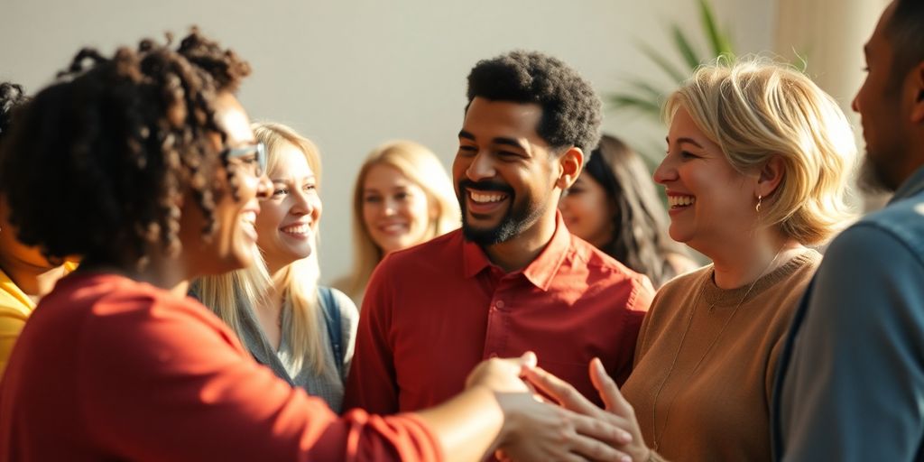 People connecting, sharing smiles and support.