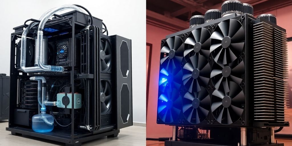Mining rig with water cooling versus air cooling visible.