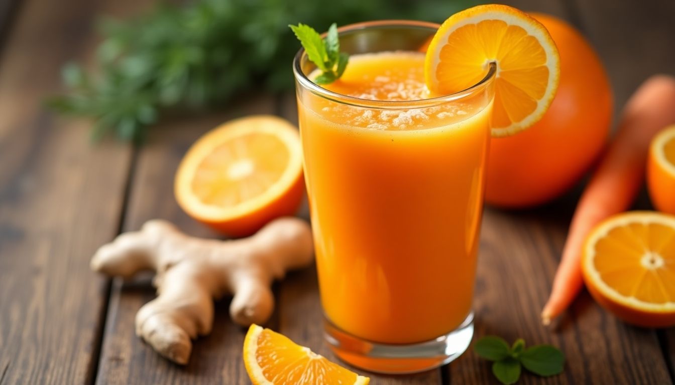 Fresh Orange Carrot Ginger Juice in a clear glass.