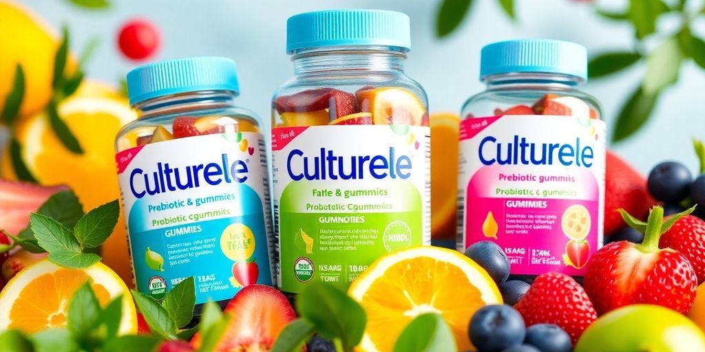 Colorful Culturelle gummies with fruits and greenery around.