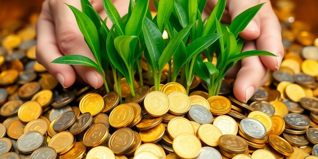 Person holding overflowing coins and plants