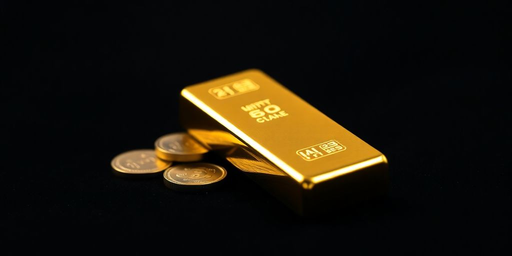 Lingot d'or et pièces sur un fond sombre.