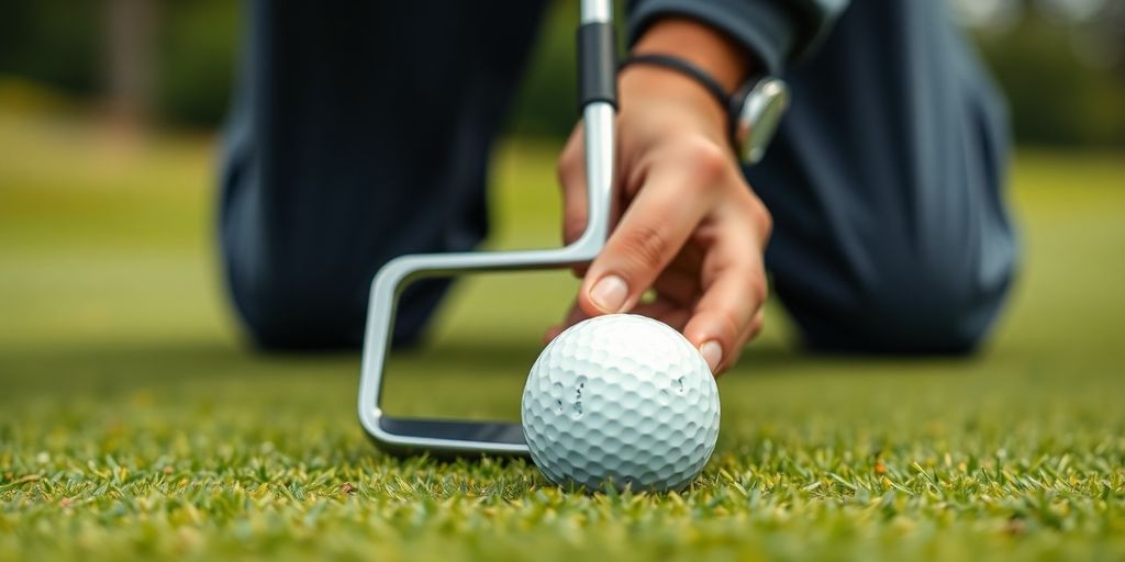 Golfer practicing putting on a green with a club.