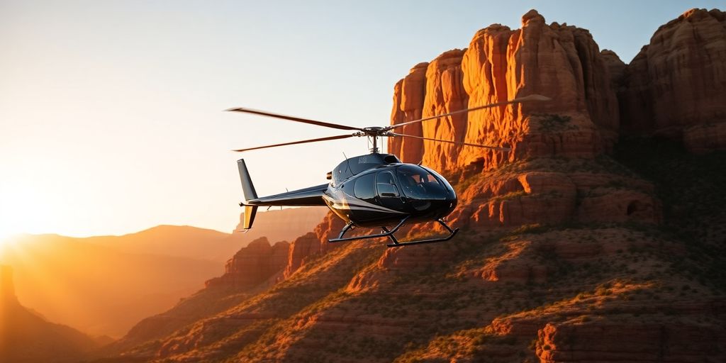 A helicopter flying over Sedona's majestic red rock formations.