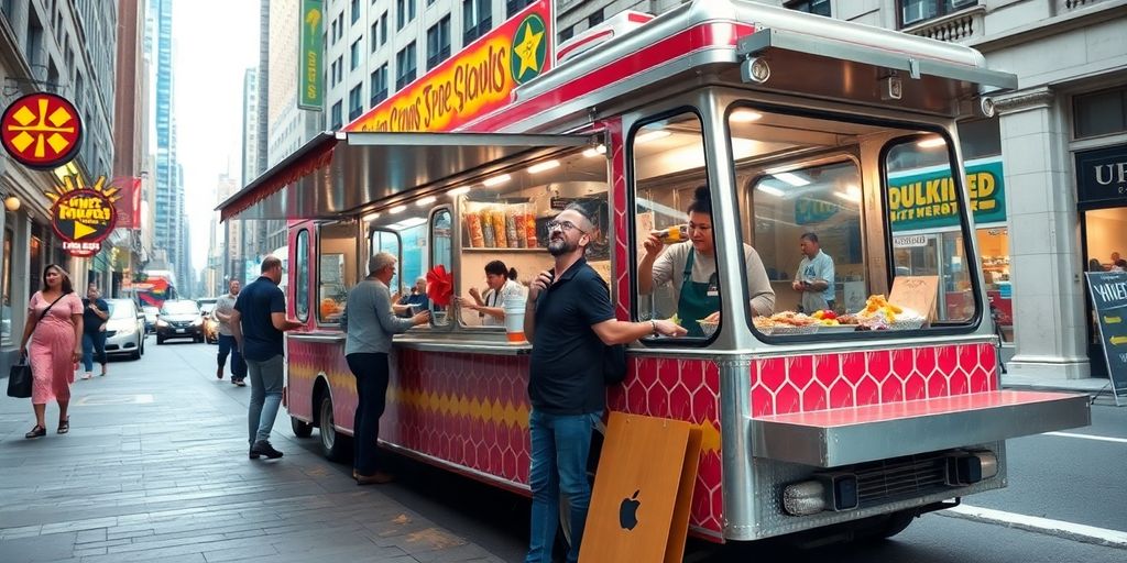 Mobile food truck beside a busy city street.