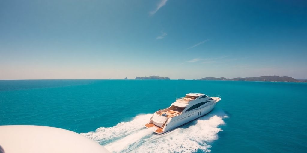 Luxury yacht cruising on clear blue ocean water.