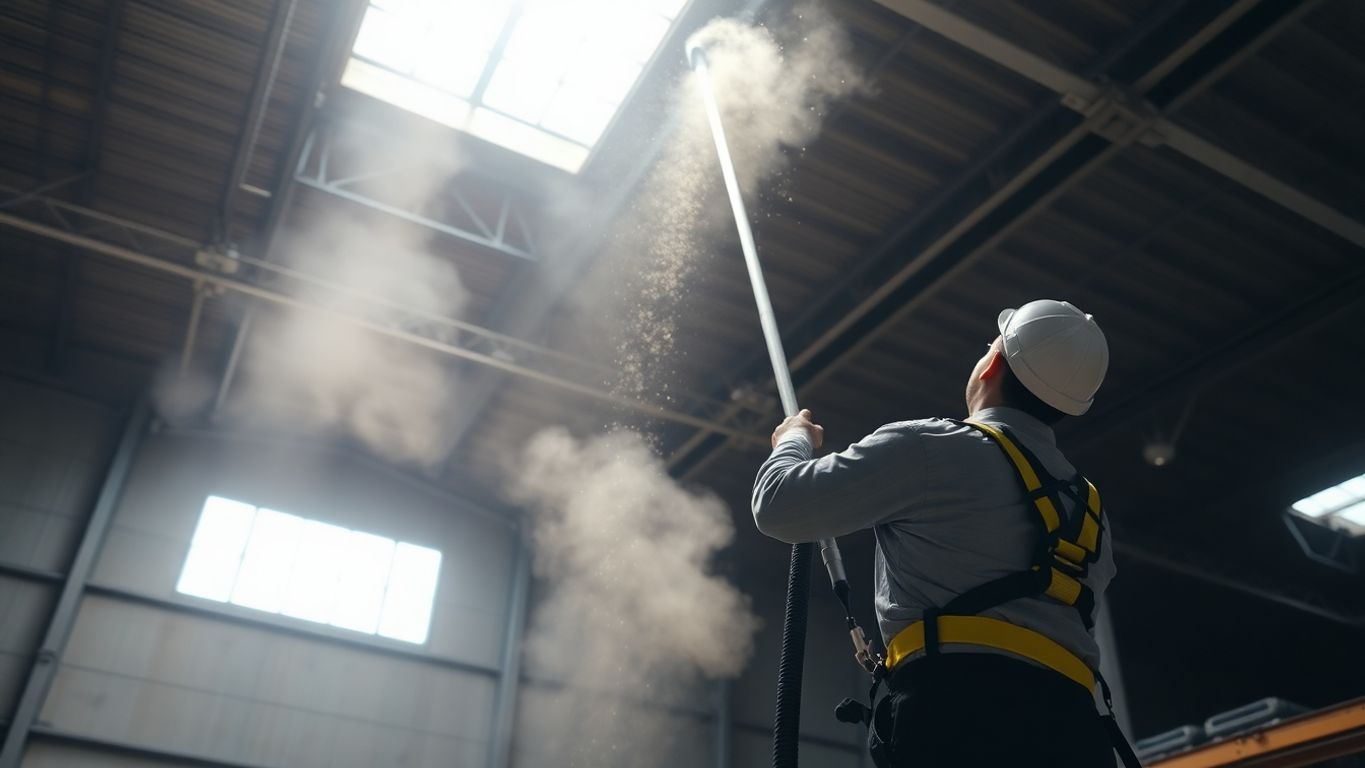 Professional cleaner uses specialized long pole vacuum on high ceiling.