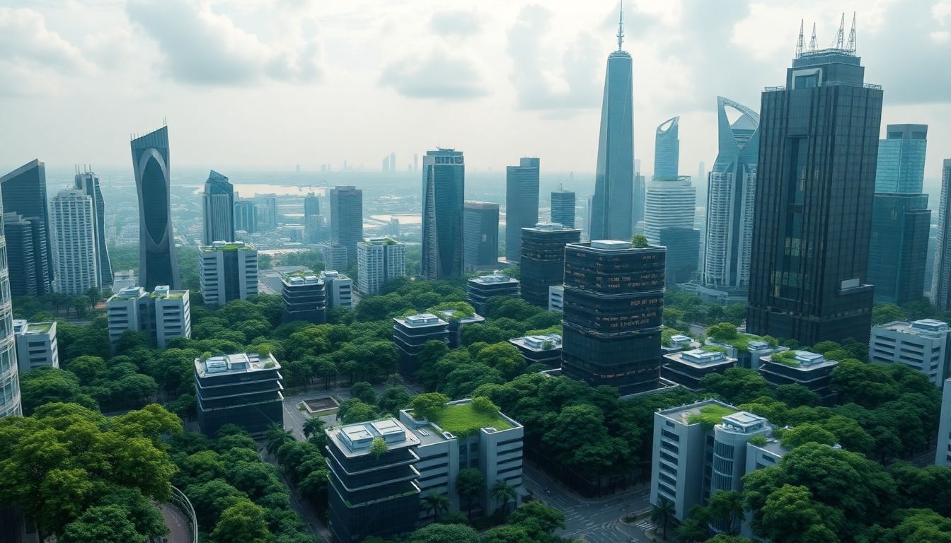 Futuristic city skyline with AI data centers and greenery.