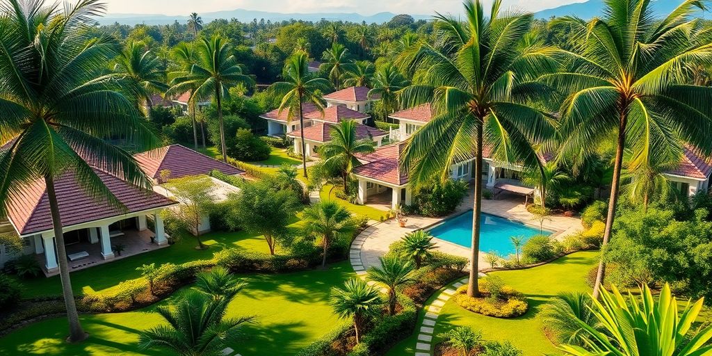 Luxury gated community with tropical gardens and elegant villas.