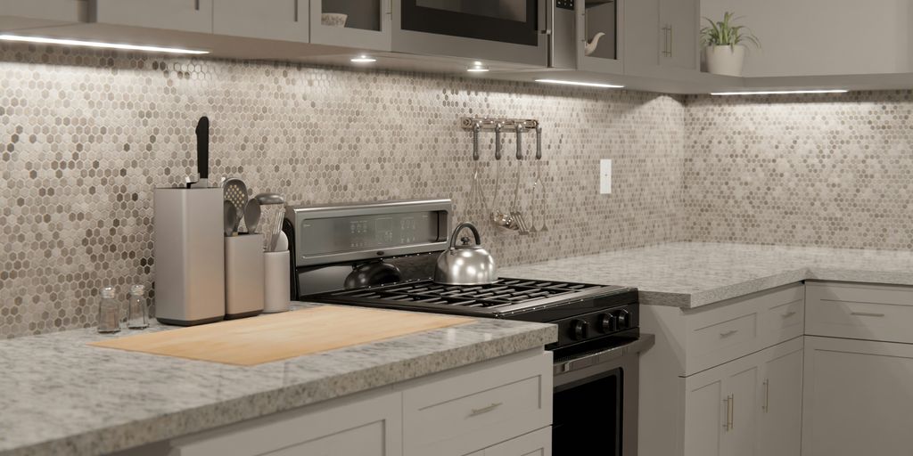 a kitchen with a stove top oven and a microwave
