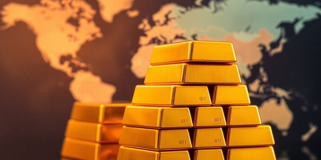 Des barres d'or brillantes sur fond flou de carte.