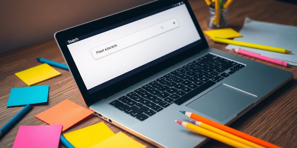 Laptop with search bar and colorful sticky notes.