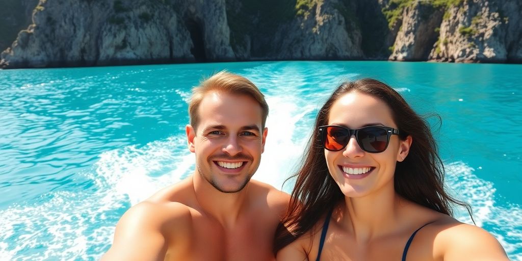 Couple enjoying a vibrant boat tour in Cabo.