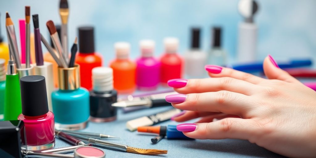 Imagem de ferramentas e esmaltes de manicure coloridos.