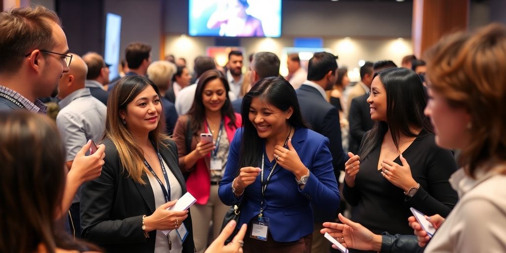 People networking at a business event, exchanging ideas and cards.